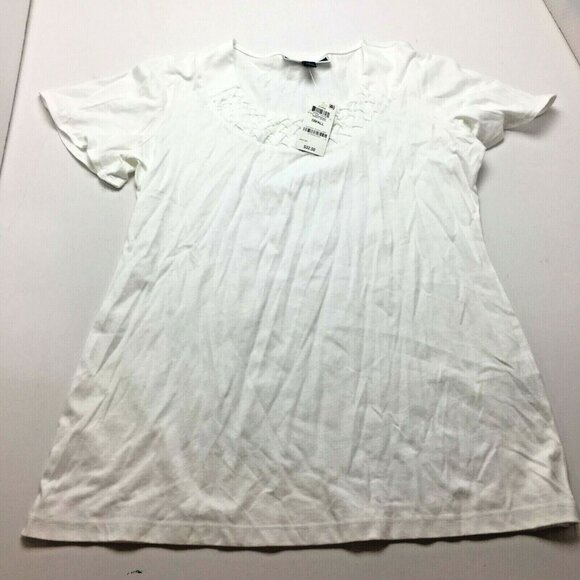 Karen Scott Basketweave-Trim Flutter-Sleeve Top Color: White Size: Small - Picture 1 of 7